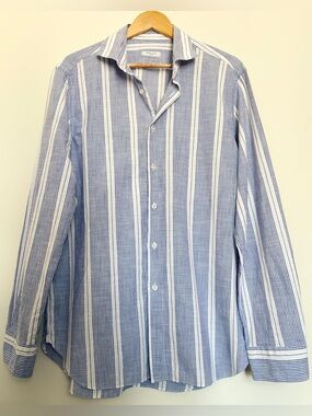 Boglioli Milano Men Striped Shirt Sz 44 17.5 XXL Slim Tailored Blue White Linen